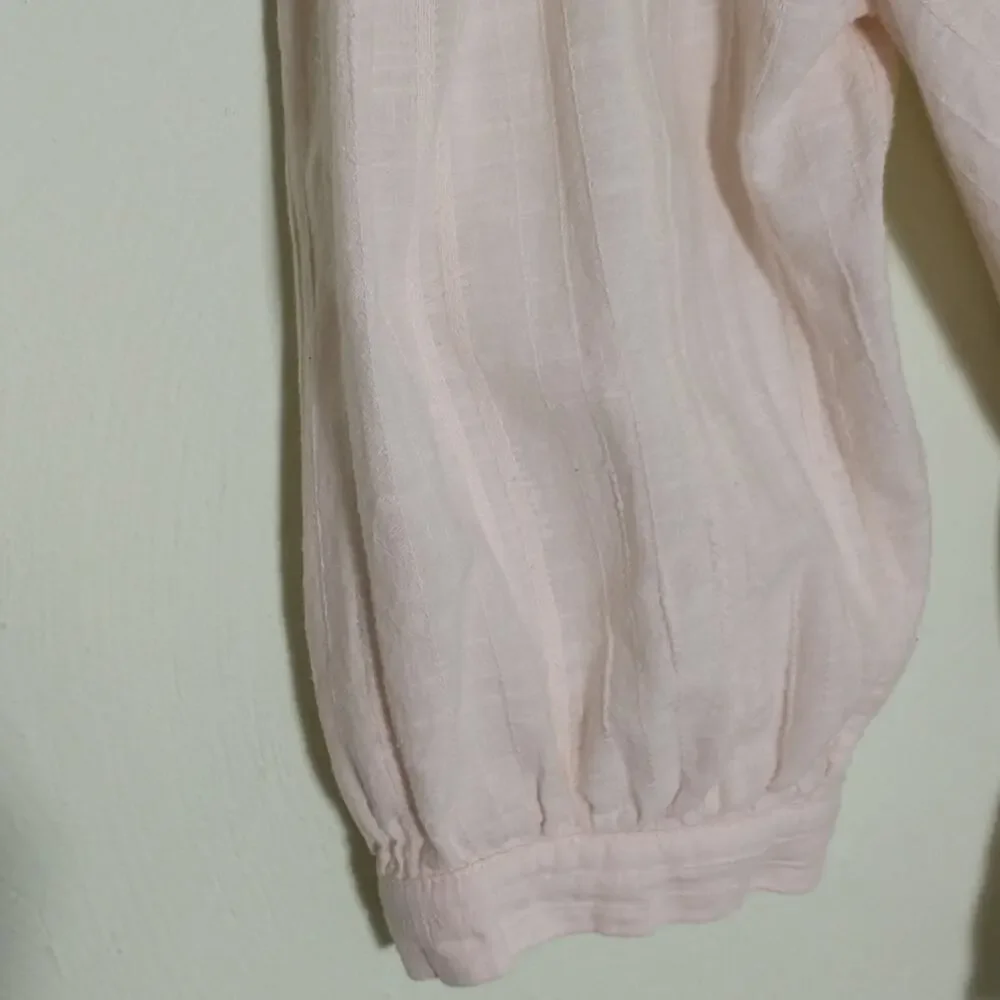 Zara Linen Blend Faux Wrap Top Women's Sz XS Cream 3/4 Puff Sleeve Tie At waist